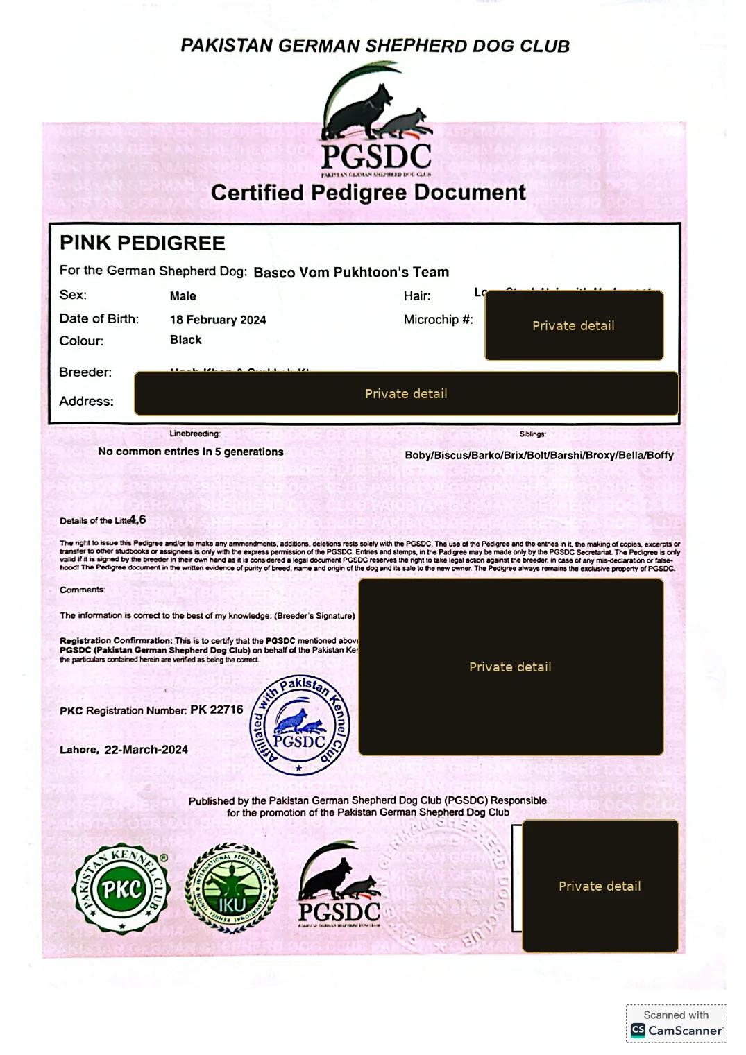 Privacy-protected pedigree front page for Basco